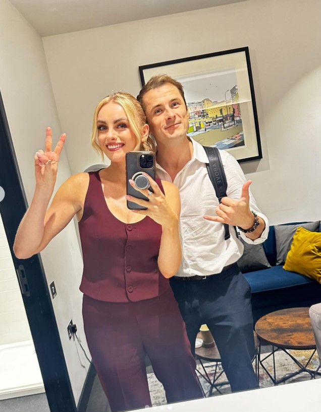Katie McGlynn holding a phone and Max Bowden posing for a selfie.