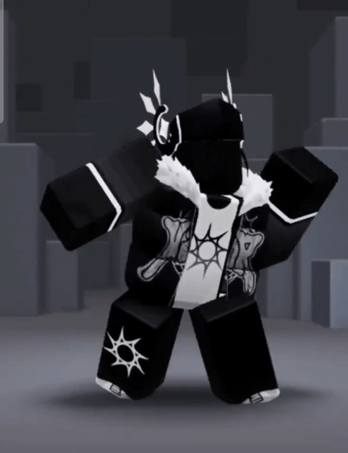 Roblox avatar wearing a black jacket with a white fur collar, black pants, and a white shirt with a sunburst symbol.