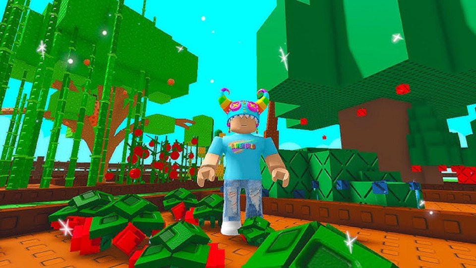 Illustration of a Roblox character in a colorful garden.