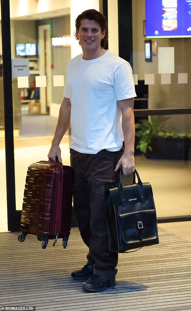 Elsewhere, the celebrities snd professionals were seen leaving their London hotel on Saturday ahead of the live show (Lewis Cope pictured)