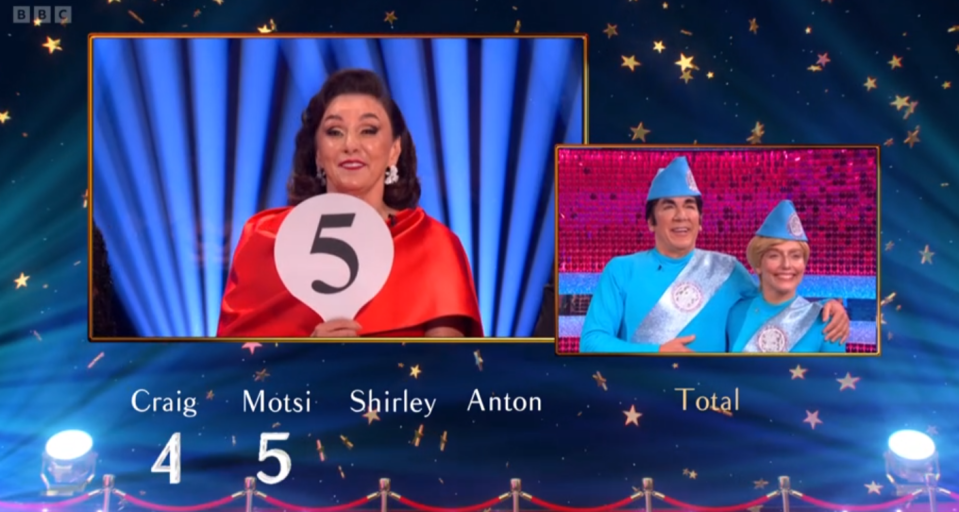 A woman in a red dress holds up a score of 5, while a man and a woman in blue outfits and hats smile. Scores of 4 and 5 are displayed below.