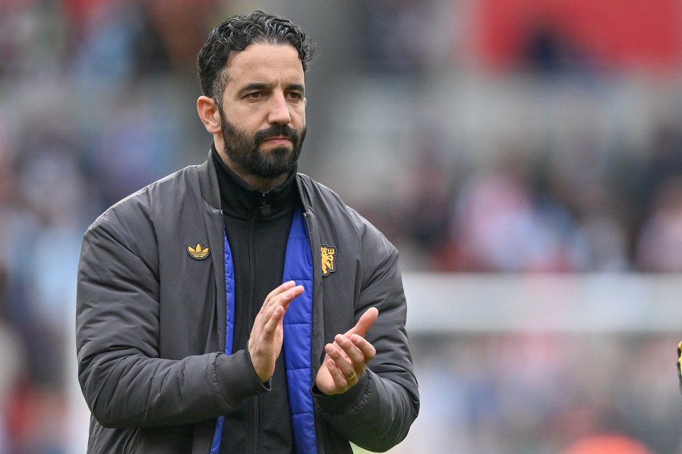 Ruben Amorim, manager of Manchester United, applauds the fans.