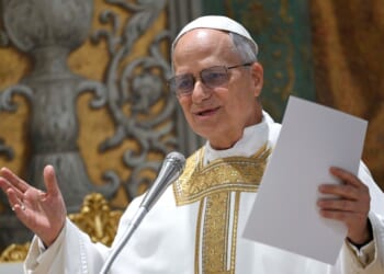 Robert Francis Prevost presides over his first Mass as Pope Leo XIV with cardinals in the Sistine Chapel at the conclusion of the Conclave on May 9, 2025, in Vatican City, Vatican.