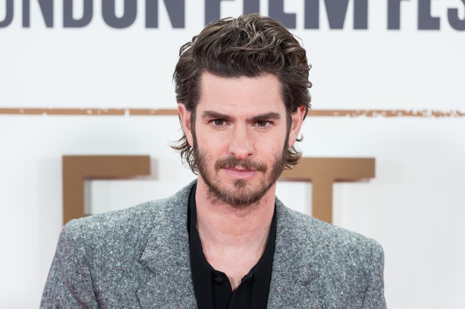 Actor Andrew Garfield with wavy hair and beard wearing a black shirt and grey tweed jacket.