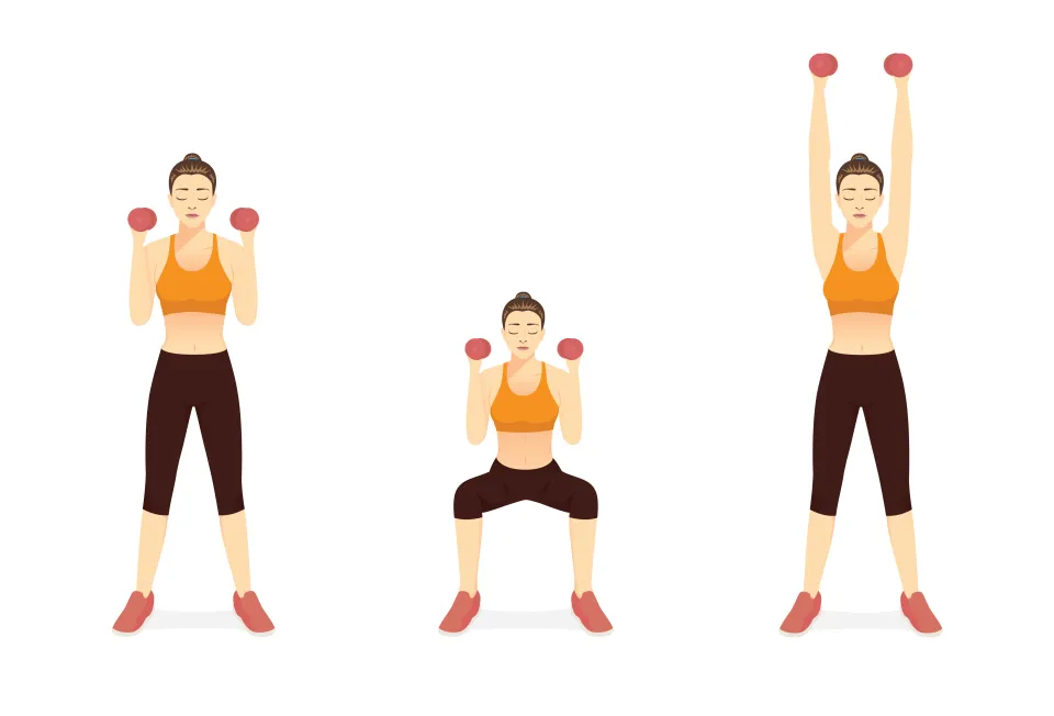 Sport Women doing Fitness with Dumbbell Squat and Overhead Press Exercise in 3 steps. Diagram of How to easy Fitness training target to Arms, Shoulder, Quadricep, and Gluteal muscles.