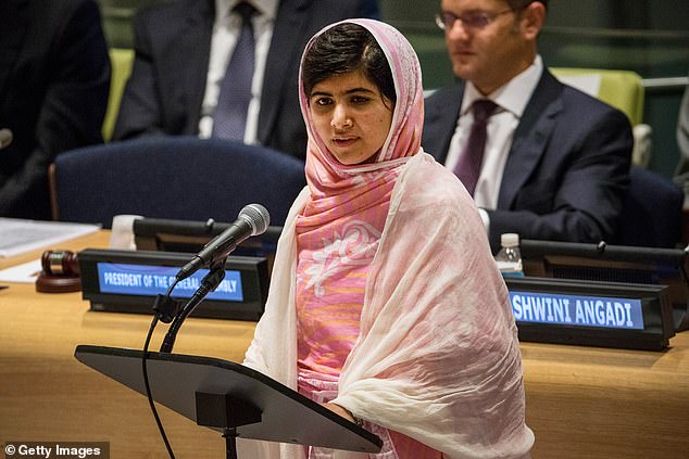Malala, aged 16, speaking at the United Nations Youth Assembly in 2013, a year after a Taliban gunman attempted to kill her
