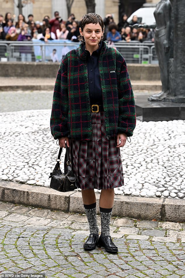 Emma Corrin at the Miu Miu fashion show as part of Spring/Summer 2026 Paris Fashion Week