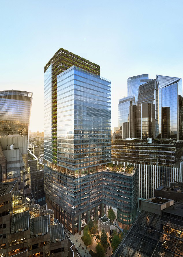 By 2028 the site, leased to AXA by The Clothworkers¿ Livery Company, who have owned it since 1870, will be home to a 36-floor skyscraper. Pictured: A CGI image of the finished building