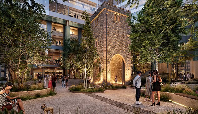 How the tower will look, left, in a garden with shops and cafes when the project ends in 2028