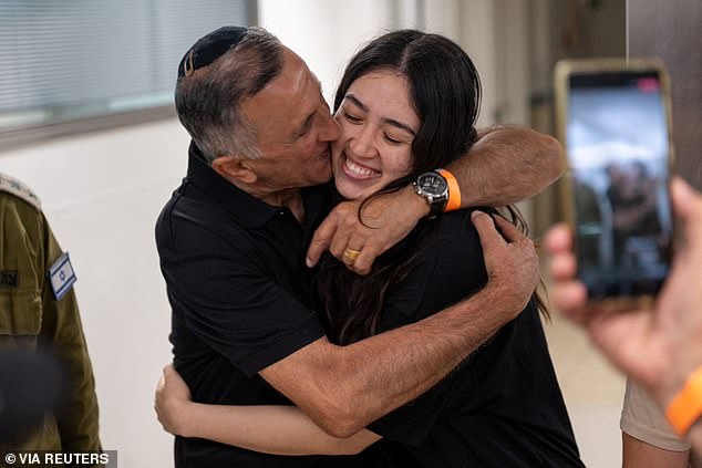 Noa Argamani embraced her father, Yakov Argamani, after she was rescued by Israeli forces and brought back to Israel last June