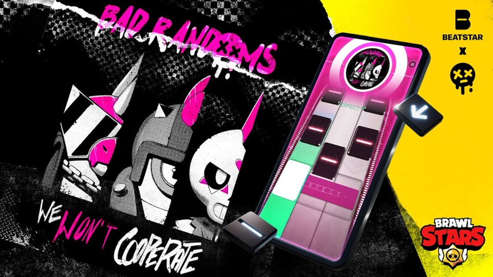 Illustration of a mobile rhythm game called Beatstar, featuring "Bad Randoms" from Brawl Stars, with a phone displaying gameplay next to characters from the game.