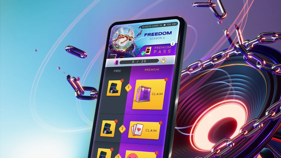 Illustration of a mobile game showing Season 6 Freedom Premium Pass with reward tiers.