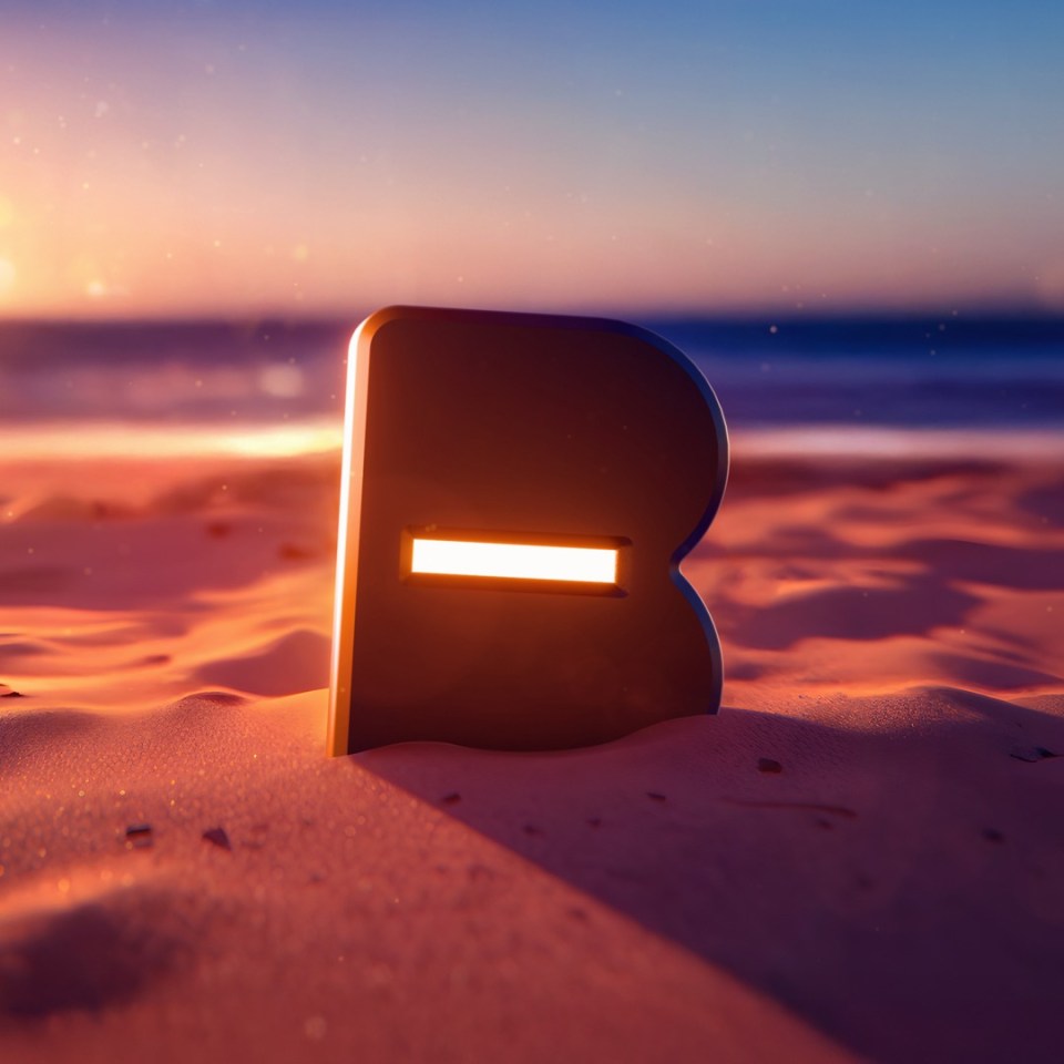 Illustration of a glowing letter B in sand dunes with a sunset ocean background.