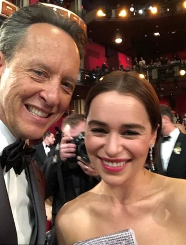 He began enthusiastically documenting his journey to the night of the awards ceremony across Twitter and Instagram (pictured with Emilia Clarke)