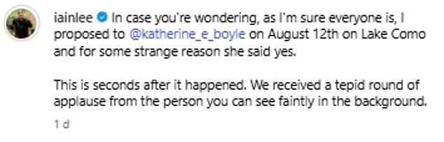 The broadcaster and comedian, 52, took to Instagram over the weekend to shared that he had popped the question in a romantic proposal during a holiday to Lake Como