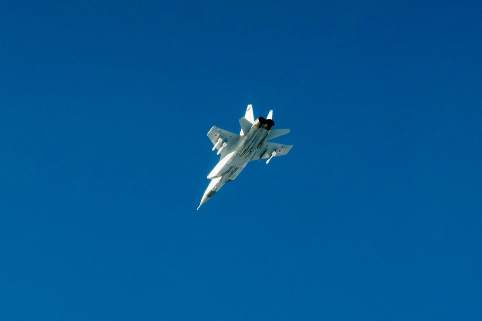 Russian MIG-31 fighter jet flying above the Baltic Sea.