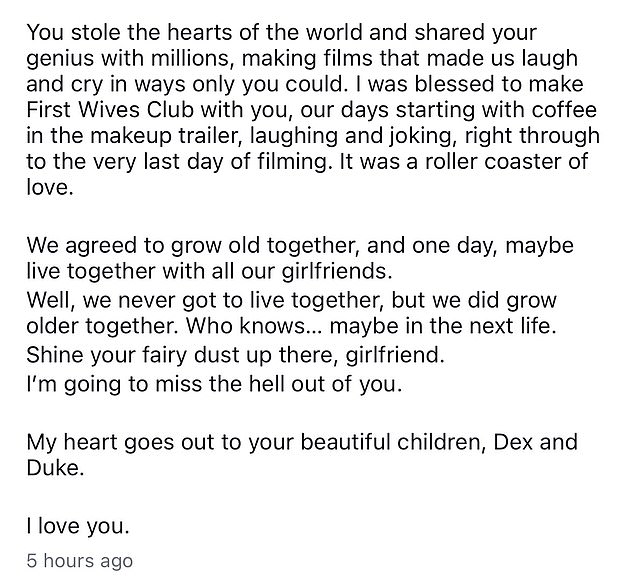 She also reflected on filming with Keaton back in the 90s and paid tribute to her friend's legacy. 'I'm going to miss the hell out of you,' she wrote in her tribute