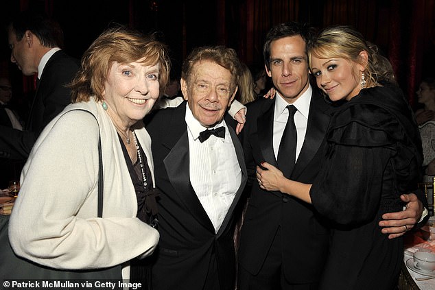 (L-R) Anne Meara, Jerry Stiller, Ben Stiller and Christine Taylor attend an event in 2008