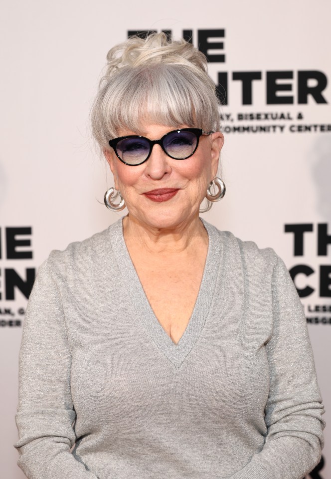 Bette Midler wearing a gray sweater and sunglasses at The Center Hosts Fashion Centered 2025 Fundraiser Dinner.