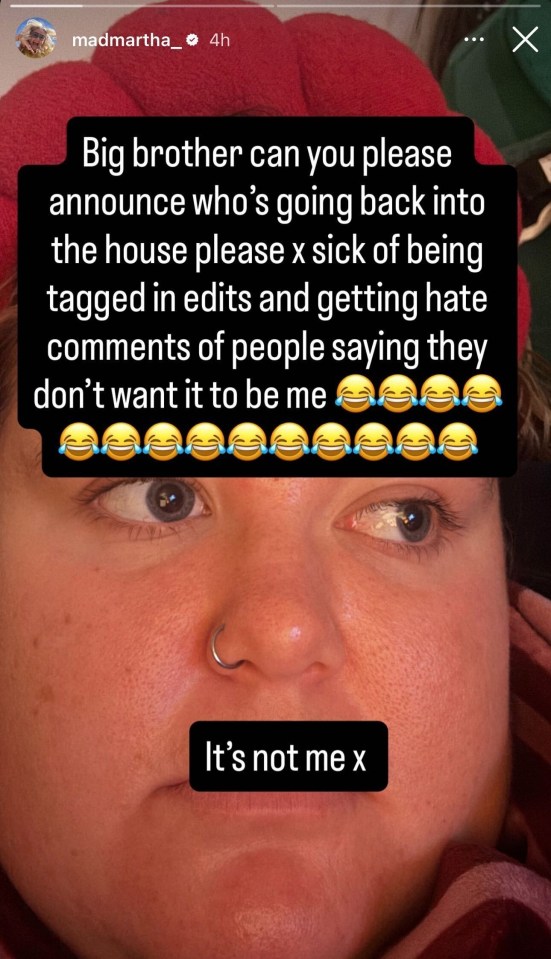 Martha Jones, wearing a red hat, with text that reads "Big brother can you please announce who's going back into the house please x sick of being tagged in edits and getting hate comments of people saying they don't want it to be me" and "It's not me x".