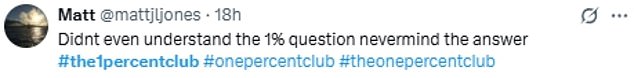 Others didn't find it so easy, writing: 'Didn't even understand the 1% question nevermind the answer'