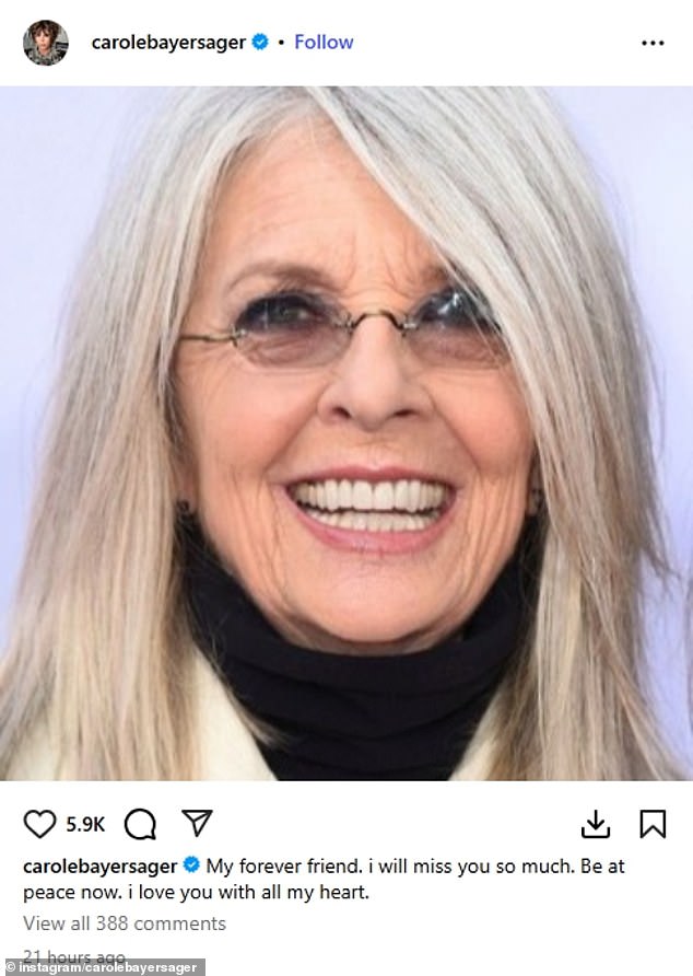 Sager paid tribute to Keaton on Saturday on Instagram following the news of her death