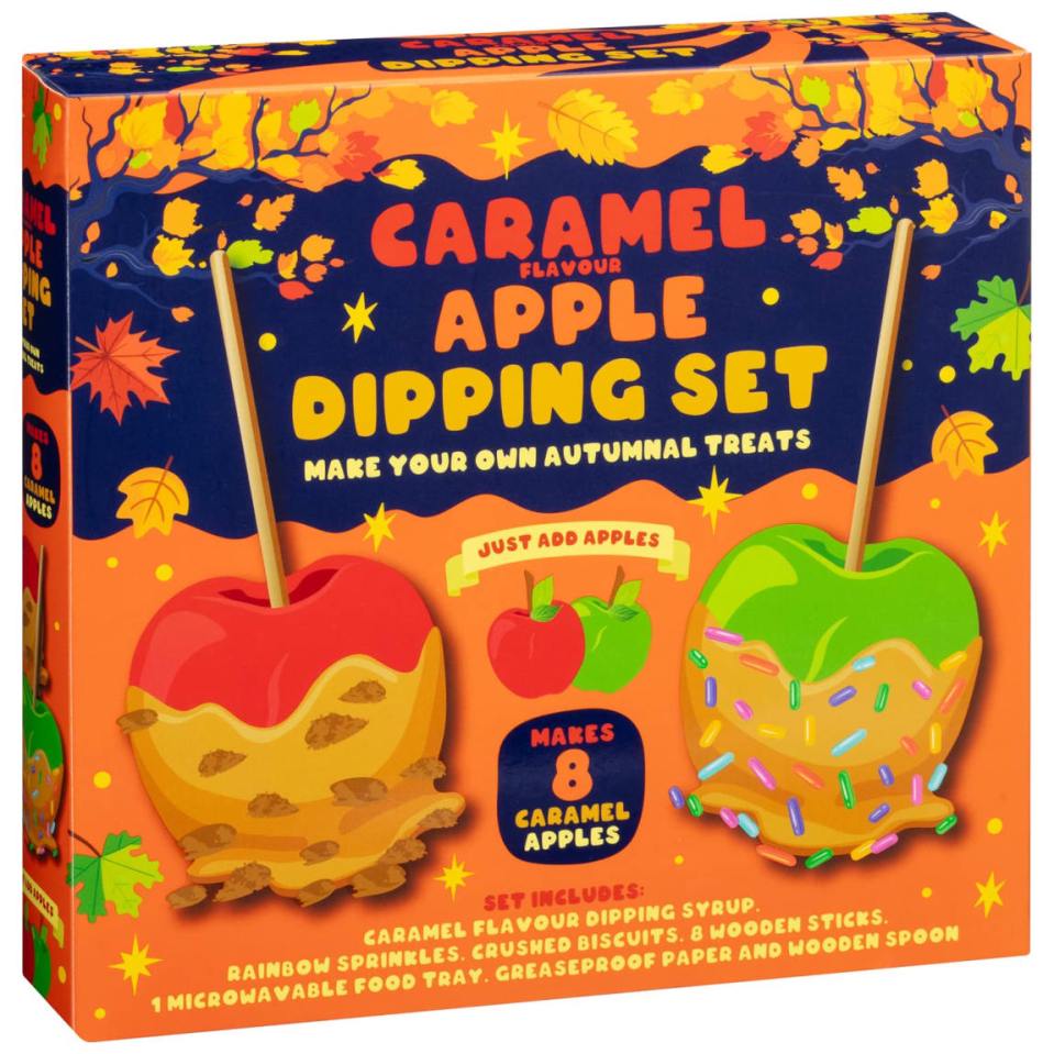 Illustration of a Caramel Apple Dipping Set box with two caramel apples on the front, one with crushed biscuits and one with sprinkles.