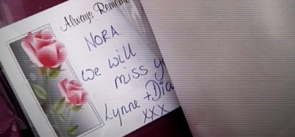 A card with pink roses and a handwritten message "Always Remember Nora. We will miss you. Lynne + Dia xxx".