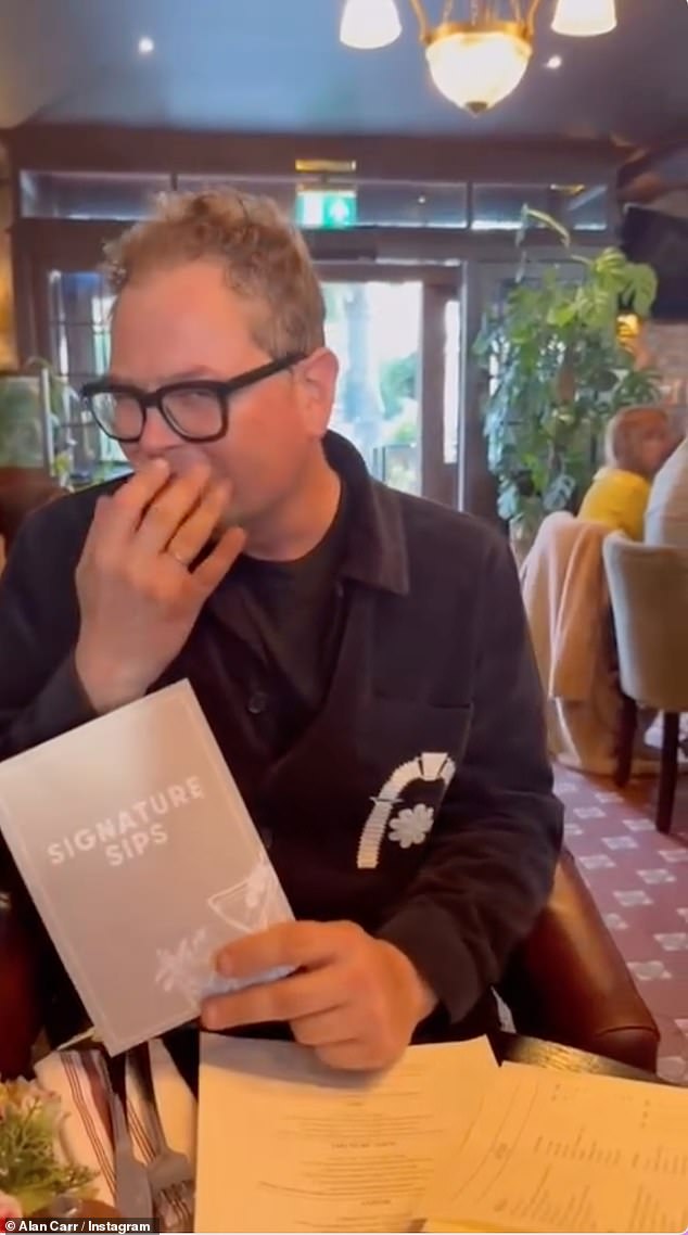 In a clip shared on social media, his friend asked: 'What kind of cocktail do you feel like, Alan?' Grinning at the camera, he quipped: 'Oh, I don't know - I could murder a Paloma'