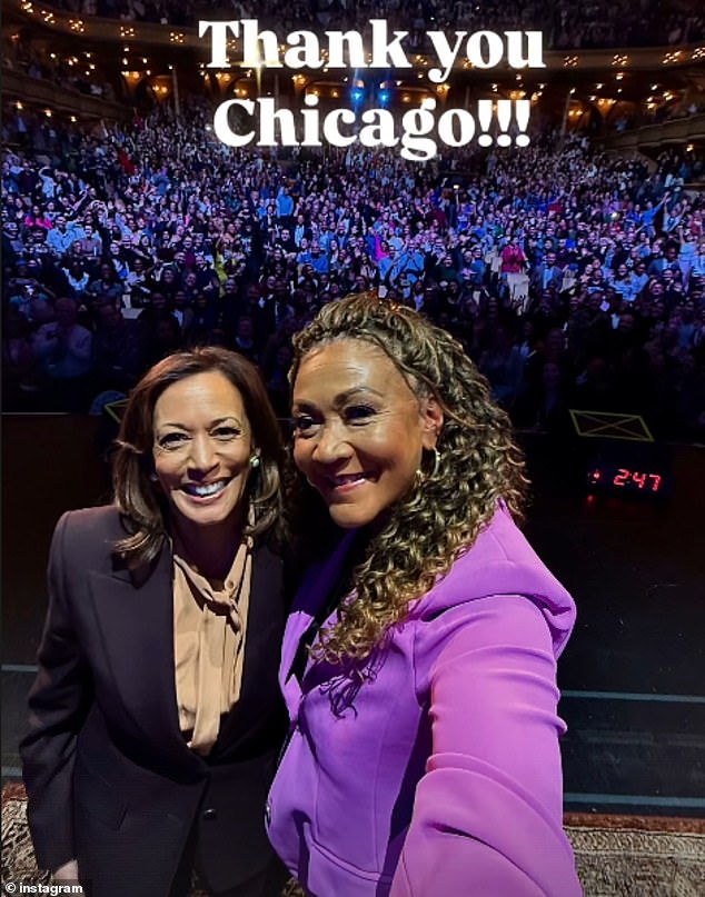 Norris (right) addressed the interruptions by telling the crowd: 'We encourage people to use their voices, but we want them to show respect for this woman.' 'And please pronounce my name correctly,' quipped Harris, as spectators applauded their responses to the chaos