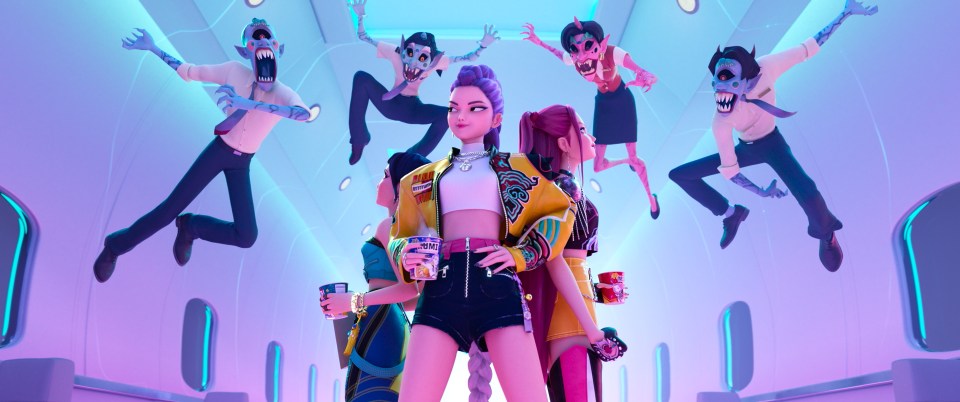 Illustration of K-pop superstars Rumi, Mira, and Zoey, with demon hunters, with four demons flying in the air, inside of a plane.