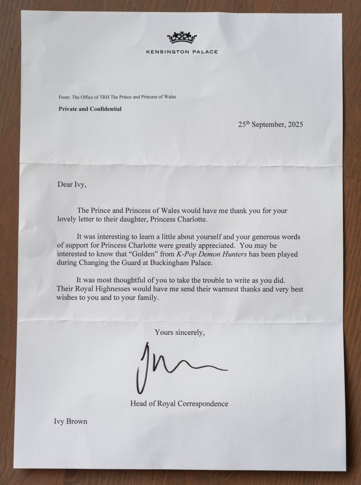 Letter from Kensington Palace to Ivy Brown, thanking her for her letter to Princess Charlotte and mentioning "Golden" from K-Pop Demon Hunters being played at Buckingham Palace.