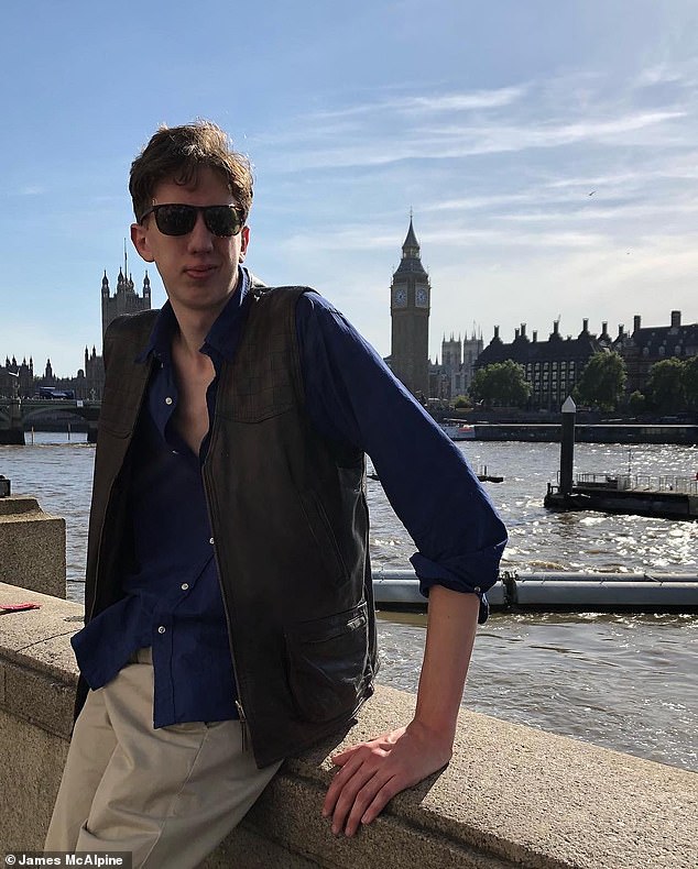 James pictured across the way from the Houses of Parliament in London