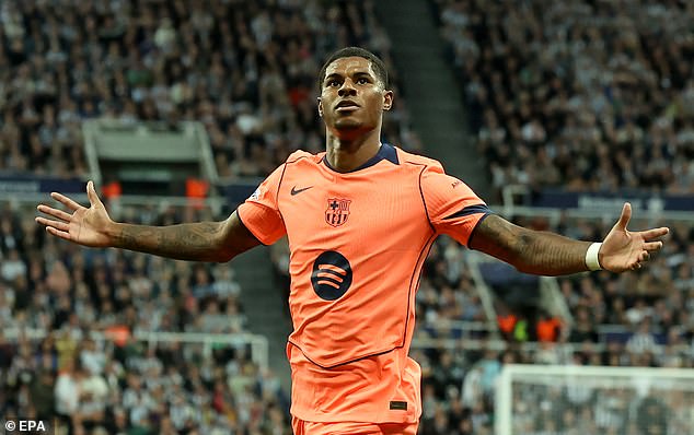 Rashford moved to Barcelona on loan in July after being part of Ruben Amorim 's 'Bomb Squad' at Manchester United (seen last month)