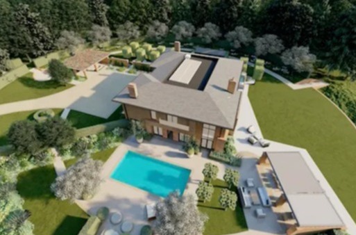 Illustration of a large house with a swimming pool and extensive landscaped grounds.