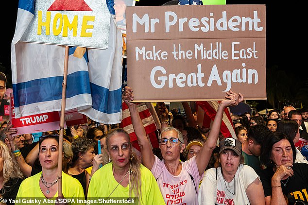 Israelis gathering in Hostages Square send a message to President Trump as he arrives in Tel Aviv