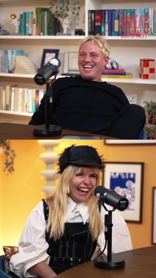 Collage of a man and a woman laughing into microphones during a podcast.