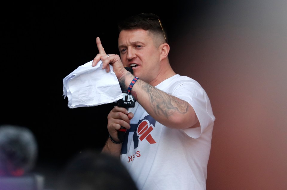 Tommy Robinson speaking at a rally.