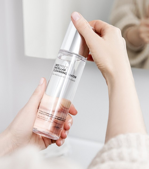 In the evening, start with a gentle oil or micellar cleanser, like the BIOEFFECT Micellar Cleansing Water, followed by your regular morning cleanser to deeply clean pores