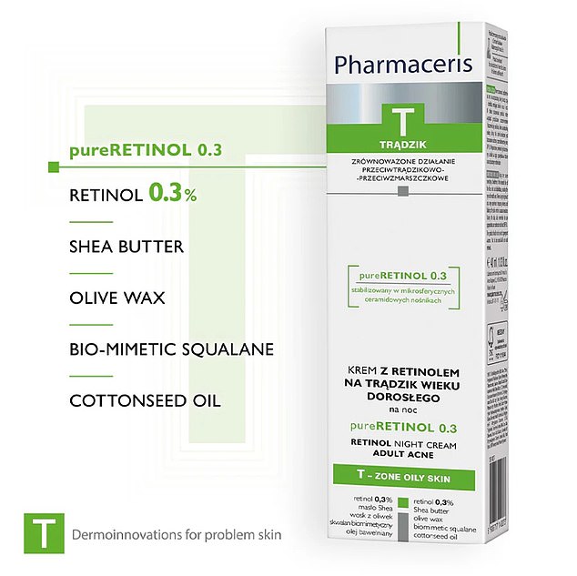 Evening is the best time to apply retinoids such as Pharmaceris T - Pure Retinol 0.3 Anti-Acne Retinol Night Cream, which prevents new blockages and helps with marks left behind by acne