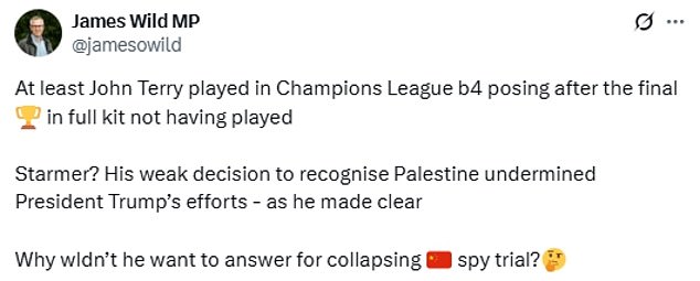 Tories compared Sir Keir to former Chelsea football star John Terry, who changed into full kit to lift the Champions League trophy despite not playing in the final