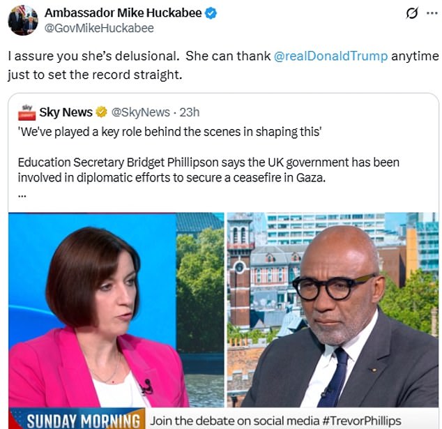 US ambassador to Israel Mike Huckabee said she was 'delusional', and Benjamin Netanyahu's deputy foreign minister, Sharren Haskel, bluntly rejected the claim