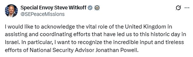 Steve Witkoff praised Britain's 'vital role' - singling out under-fire national security adviser Jonathan Powell for his 'incredible input'