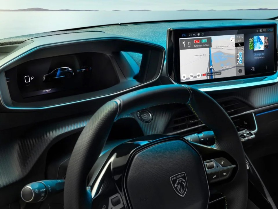 Dashboard of a Peugeot 208 with a digital instrument cluster showing a car graphic and a central infotainment screen displaying navigation and media.