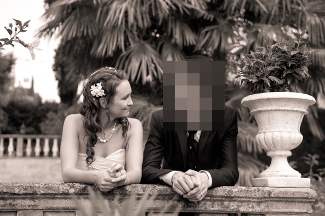 Carla Crivaro and Federico on their wedding day, with Federico's face pixelated.
