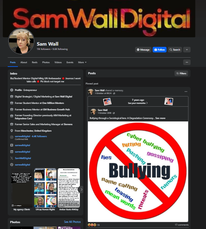 A screenshot of Sam Wall's Facebook page with her profile photo, bio, and a post with a no bullying sign.