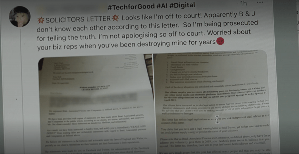 Screenshot of a social media post showing a user reacting to a solicitor's letter about being prosecuted for defamation.