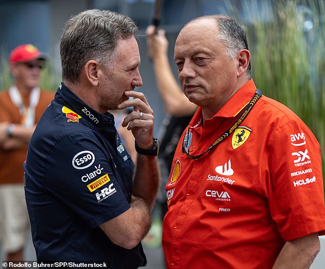 Horner, seen speaking to Ferrari team principal Fred Vasseur (right) in November last year, could replace him as Scuderia’s president John Elkann is not believed to have faith