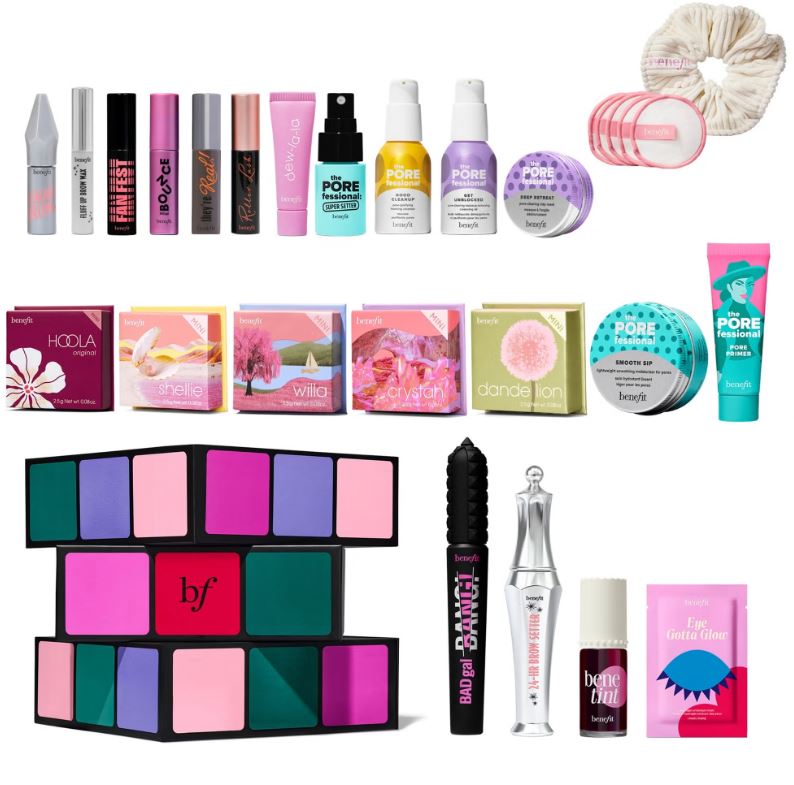 A variety of Benefit Cosmetics products including mascaras, brow products, blushes, primers, and other makeup items.