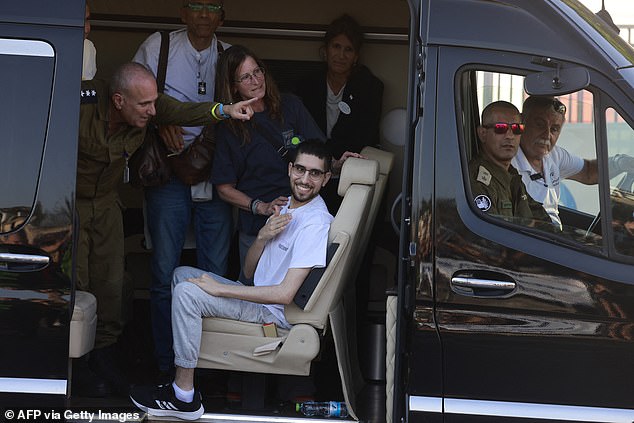 Released Israeli hostage Evyatar David reacts upon arriving at Beilinson Hospital in the Rabin Medical Centre in Petah Tikva in central Israel on October 13, 2025